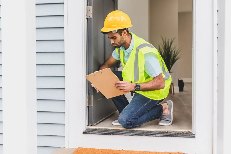 Relevé d'expertise d'un logement après un sinistre, grille de contrôle à la main.